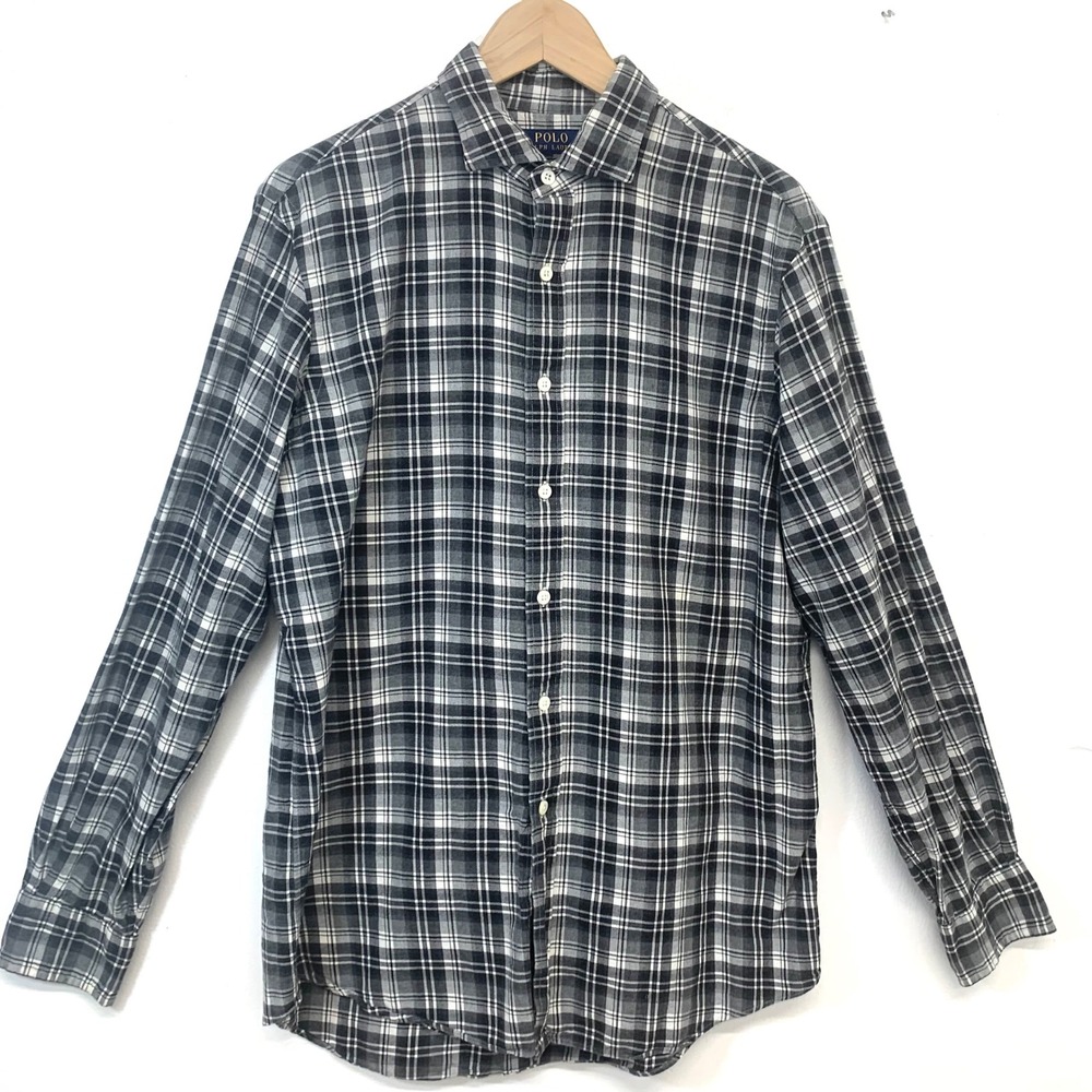 Polo Ralph Lauren Mens Plaid Button Down Shirt Black White Long Sleeve Cotton L